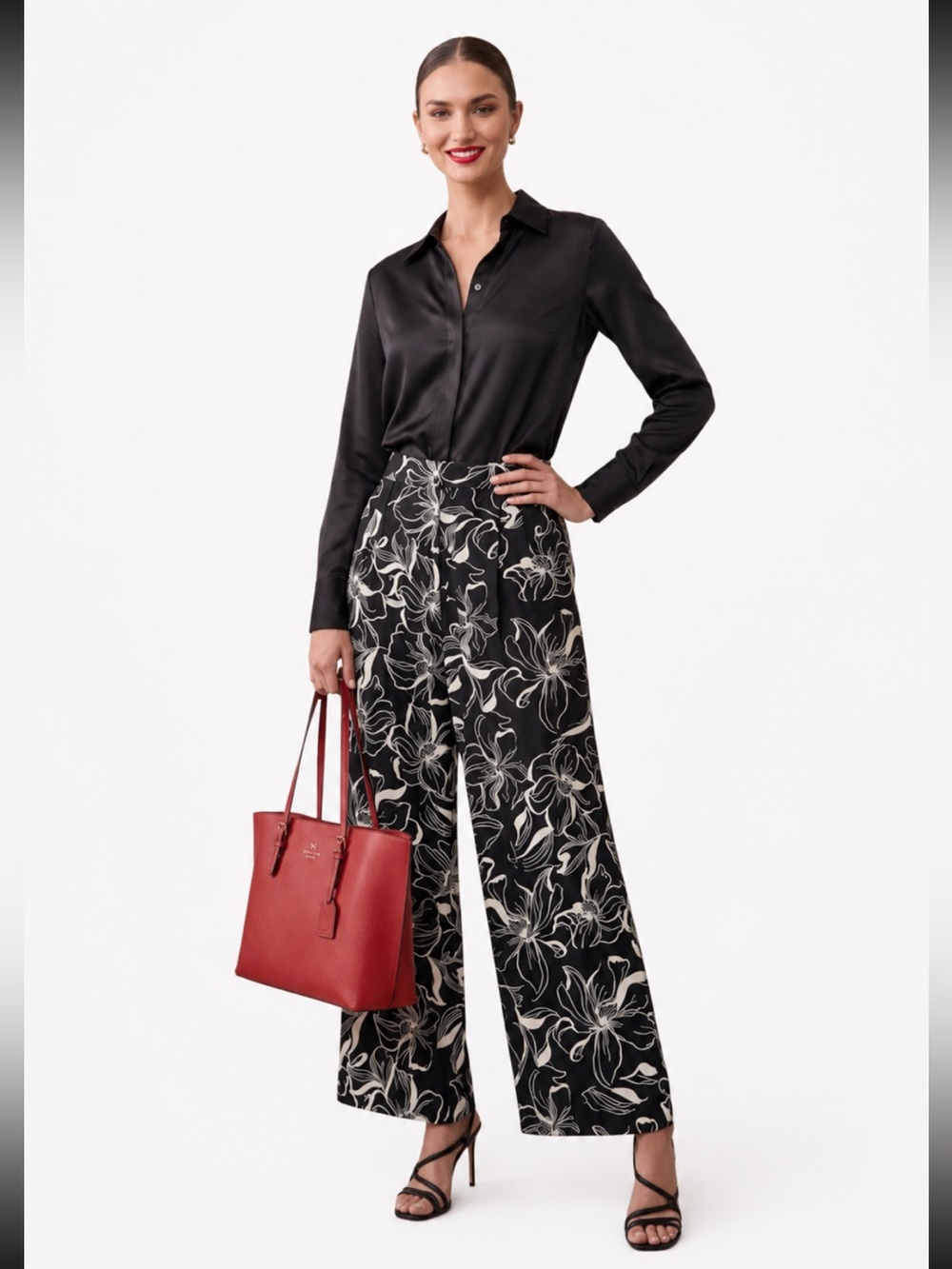 WHBM Floral Print Black White High Waist Wide Leg Flowy Pants Size: 2